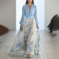 Sascha™ - Atemhaftes Floral-Print V-Ausschnitt Maxikleid – Blau