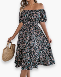 Damen Romantisches Shirred Midi Kleid | Blumenmuster – Schwarz