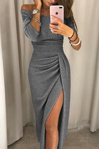 Sommerliches Abendkleid für Damen - Figurbetontes Off-Shoulder Glitzerkleid mit Beinschlitz – Grau