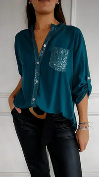 Jasmine | Elegantes V-Ausschnitt-Shirt mit funkelnden Pailletten für Damen – Meergrün