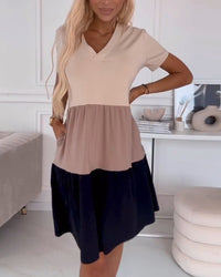 Alva | Farbblock Freizeitkleid mit kurzen Ärmeln – Khaki