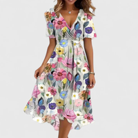 Helga | Damen Blumen Midikleid V-Ausschnitt Romantic Feminin Sommer – Weiß Floral
