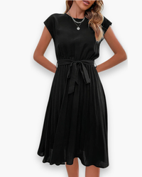 Damen Elegantes Plissee Kleid | Taille Schleife – Schwarz