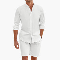 Herren Sommer Zweiteiler aus Leinenmix mit Hemd und Shorts – Weiß