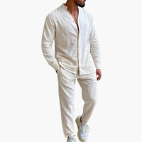 Herren Zweiteiler aus Leinen mit Langarmhemd und Hose – Beige