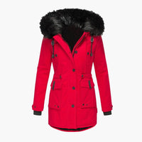 Damen Parka-Jacke mit Kapuze, Knopfverschluss und Pattentaschen – Rot