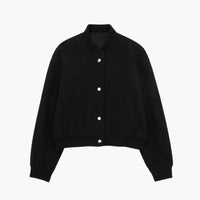 Damen Cropped Bomberjacke mit Knopfverschluss und Seitentaschen – Schwarz