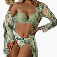 3-teiliges Damen-Bikini-Set - mit Kimono und High-Waist-Hose – Grün