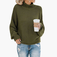 Damen pullover mit hohem Halsausschnitt und geripptem Saum – Dunkelgrün