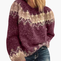 Damen pullover mit Rundhalsausschnitt und Musterstrick – Weinrot