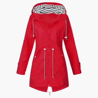 Damen Regenjacke mit Kapuze und Kordelzug an der Taille – Rot