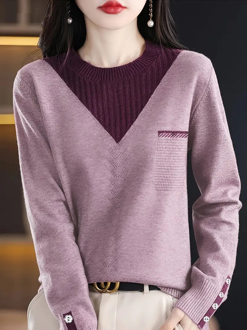 Seyshlah | Eleganter Farbblock-Strickpullover für Frauen - Rundhalsausschnitt, lange Ärmel