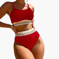 Damen-Bikini-Set mit geripptem Top und Bikinihose mit hoher Taille – Rot