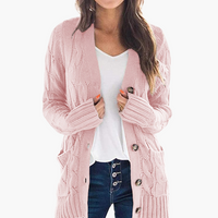 Damen Strickjacke mit Knopfverschluss und Vordertaschen – Rosa
