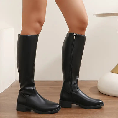Shiletta | Schicke kniehohe Damenstiefel mit klobigem Absatz - modischer Seitenreißverschluss