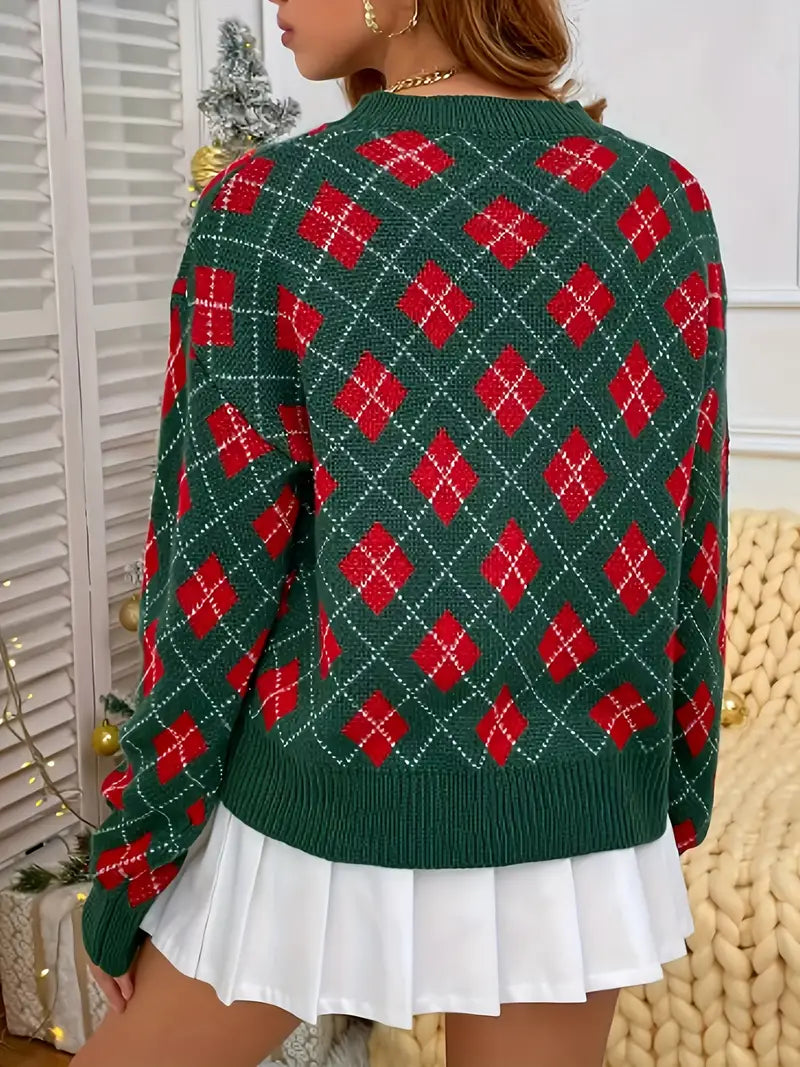 Keymaris | Weihnachtlicher karierter Pullover mit Rundhalsausschnitt, lässiger Pullover mit langen Ärmeln