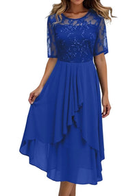 Damen 3/4 Ärmel Rundhalsausschnitt Kleid | Mini – Blau