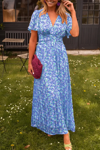 Lange Damenrobe | Buntes Blumenmuster | Tailliert & Fließender Schnitt Sommer – Blau
