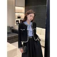 Damen Elegante Kurze Vintage Jacke | Perlenknopf – Schwarz