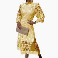Nora | Kleid mit Spitze und hoher Taille – Gelb