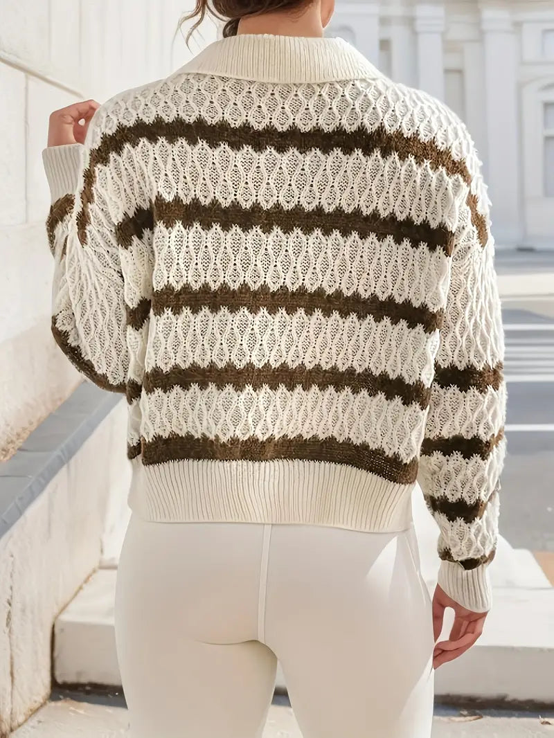 Seynelah | Pullover mit Streifenmuster und Kragen - lässiger Pullover mit langen Ärmeln und Struktur