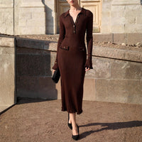 Irina | Damen Strick Midikleid Gerippte Knopfleiste Elegant Herbst Cozy – 4