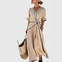 Veronika | Damen Midikleid V-Ausschnitt Bindegürtel Elegant Feminin – Beige