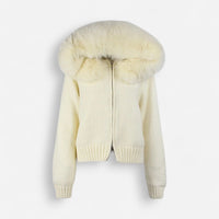Strickjacke für Damen mit flauschiger Kapuze - kurz – Beige