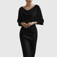 Kathrin | Damen Strick Midikleid Drapiert Elegant Feminin Herbst Cozy – Schwarz