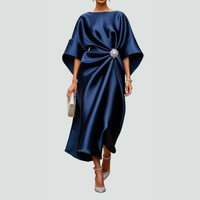 Michaela | Damen Midikleid Fledermausärmel Drapiert Fließend Modern – Marine