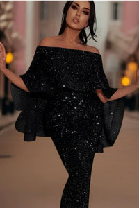 Heidi-Mode | Off-Shoulder Glitzer Maxi Kleid – Schwarz