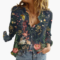Kunstvoll bedruckte V-Ausschnitt Bluse - Damen Freizeitlook – Blau