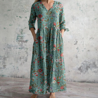 Ais™| Sommerkleid aus Leinen & Baumwolle mit Blumenmuster – Grün