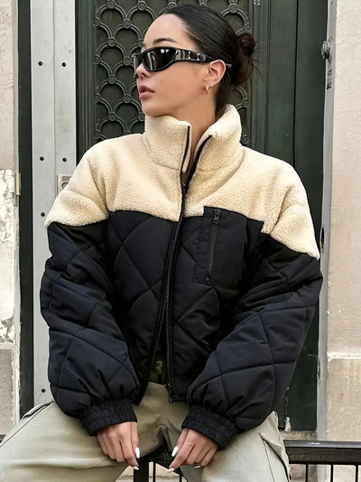 Clivona | Color Block Zipper Coat, Vielseitig mit Verdicktem Stehkragen und Langarm