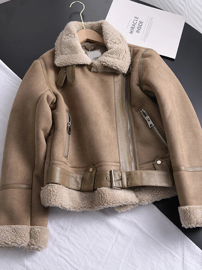 Geneviev | Bequemer Damen-Wintermantel aus Wildleder mit verstellbarem Gürtel und Fleece-Futter