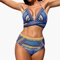 Dreiteiliges Bikini-Set - Damen High-Waist mit Kreuzträgern – Blau