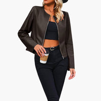 Damen Bikerjacke mit Rundhalsausschnitt und Reißverschluss – Kaffee