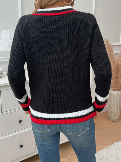 Seyvashlah | Vintage Kontrast Trim V Hals Pullover – eleganter Langarm Pullover