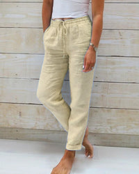 Aria-Hose aus Baumwolle und Leinen mit elastischem Bund – Khaki