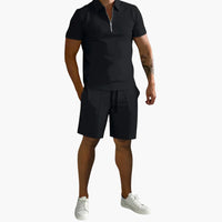 Herren Sommer-Zweiteiler mit Half-Zip-Shirt und Shorts – Schwarz