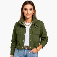 Damen Cropped Utility Jacke mit Reißverschluss vorn – Dunkelgrün