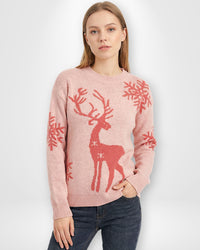 Damen Weihnachts-Pullover mit Rentiermotiv und Rundhalsausschnitt – Rosa