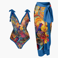Badeanzug-Set für Damen - mit Blumenmuster und Pareo-Überwurf – Blau