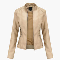Damen Bikerjacke mit Stehkragen und Reißverschlusstaschen – Beige