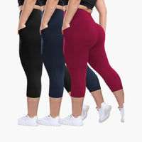Capri-Leggings Set - Für Damen mit hoher Taille Sport – Schwarz/Marineblau/Rot
