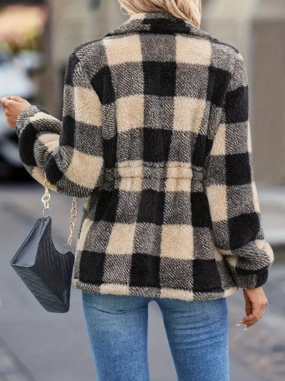Shilari | Teddyjacke mit Karomuster, lässige warme Oberbekleidung mit Knopfleiste