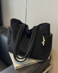 Tilda – Gerippte Tragetasche mit Kordel-Detail – Schwarz