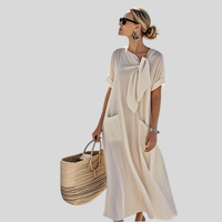 Elisa | Damen Midikleid Bindekragen Taschen Locker Casual Komfort – Beige