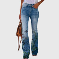 Nicole | Damen Jeans Blumenmuster Figurbetonend Modern Casual Trend – Schwarzer Schmetterling