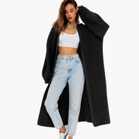 Langer Damen Strickjacke mit offener Vorderseite – Schwarz